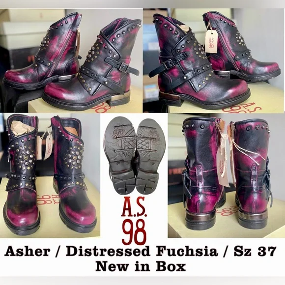 A.S.98 ASHER Fushcia Rub Off Riveted Italian Leather Boots •Size 7 / New in Box - Picture 6 of 9